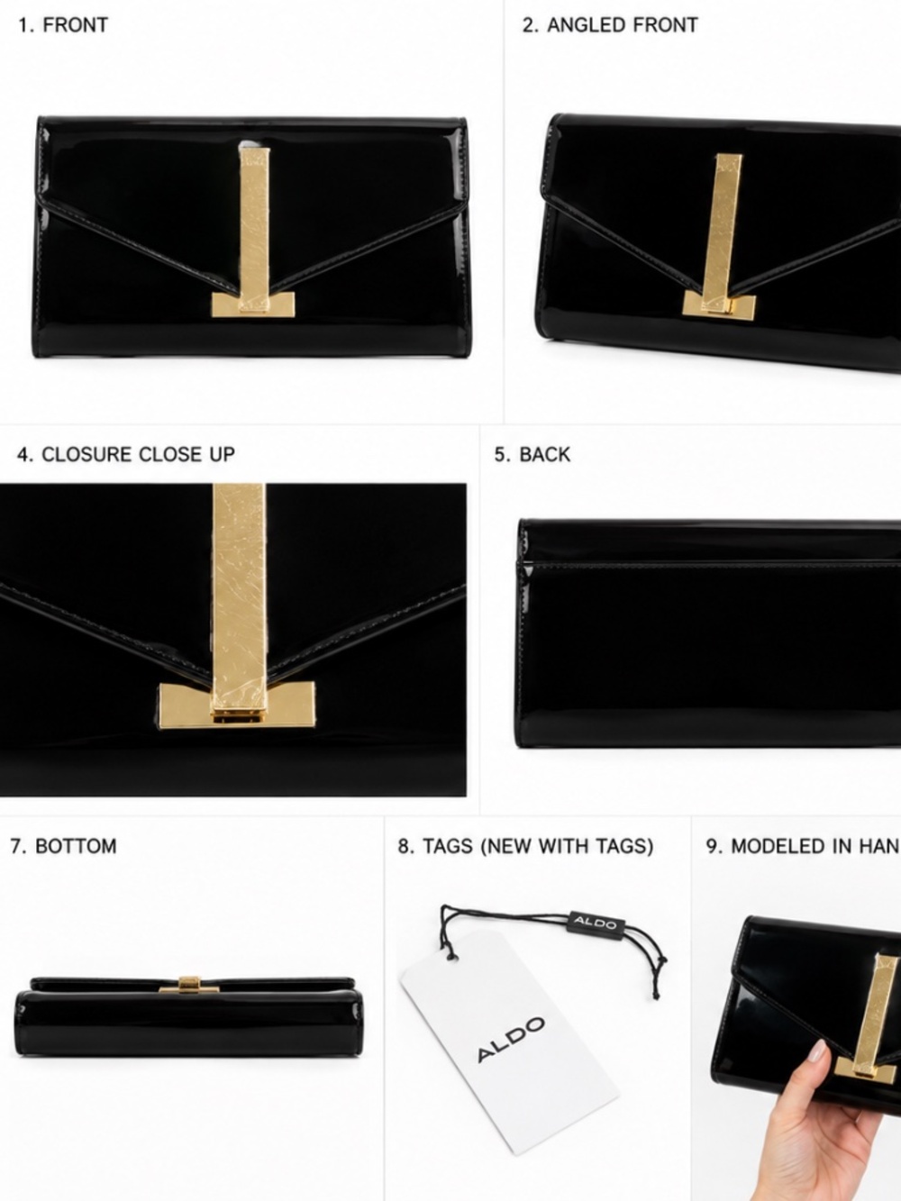 ALDO Black Patent Clutch Evening Bag Gold Bar Formal Wedding New With Tags